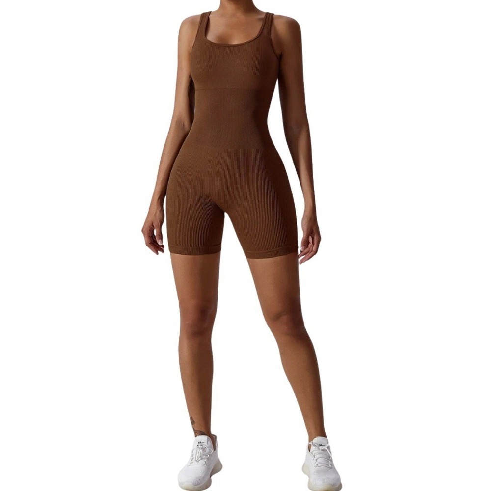 Seamless Women's Yoga Suit Women's Sz L Brown Ribbed Square Neck One-piece Gym